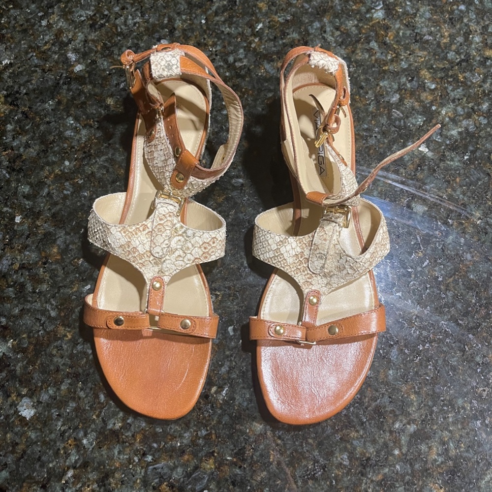 VIA SPIGA NILE CAMEL TAN SNAKE LEATHER GLADIATOR SANDALS